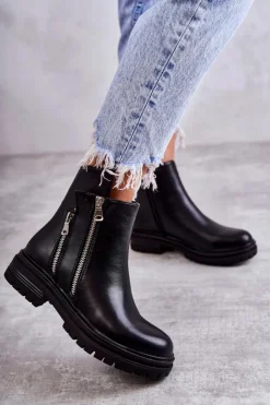 Boto Czarne Botki|Botki Zimowe Damskie*Damskie Skórzane Botki Na Suwak Czarne Navarra