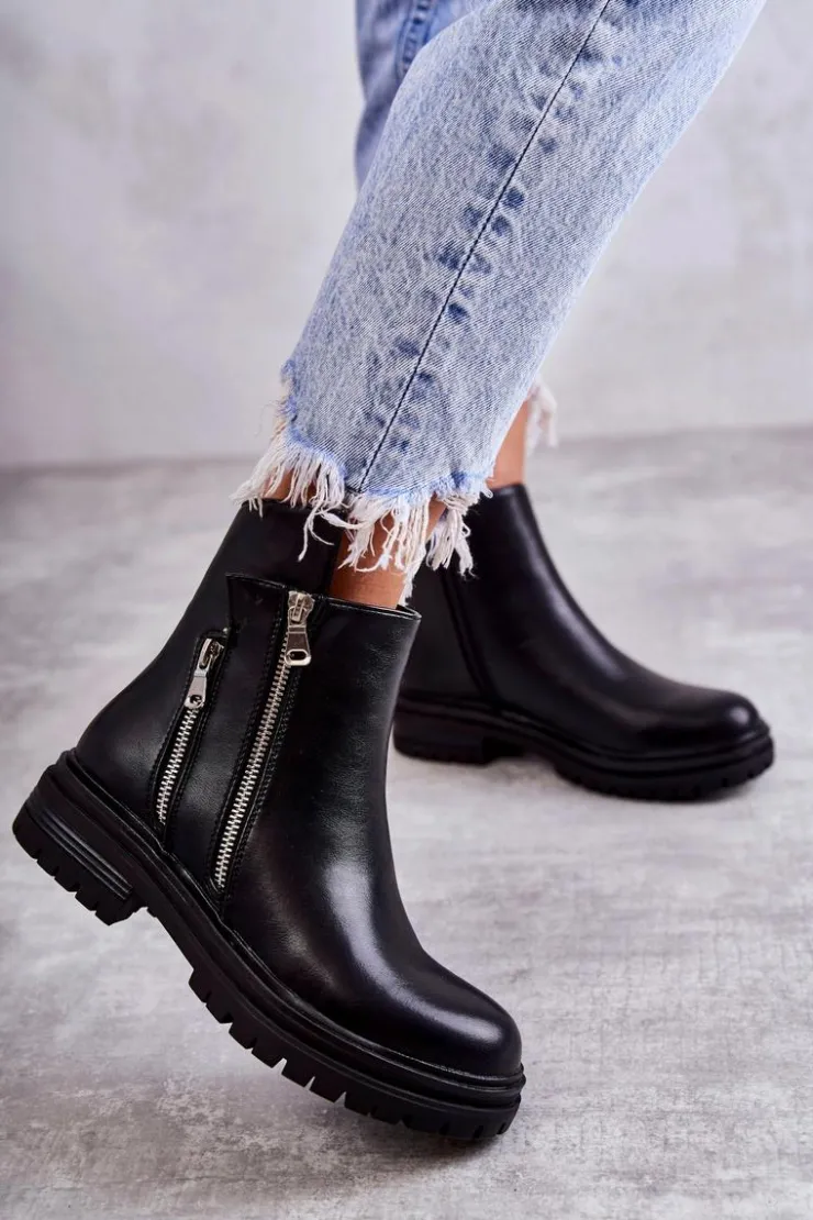 Boto Czarne Botki|Botki Zimowe Damskie*Damskie Skórzane Botki Na Suwak Czarne Navarra