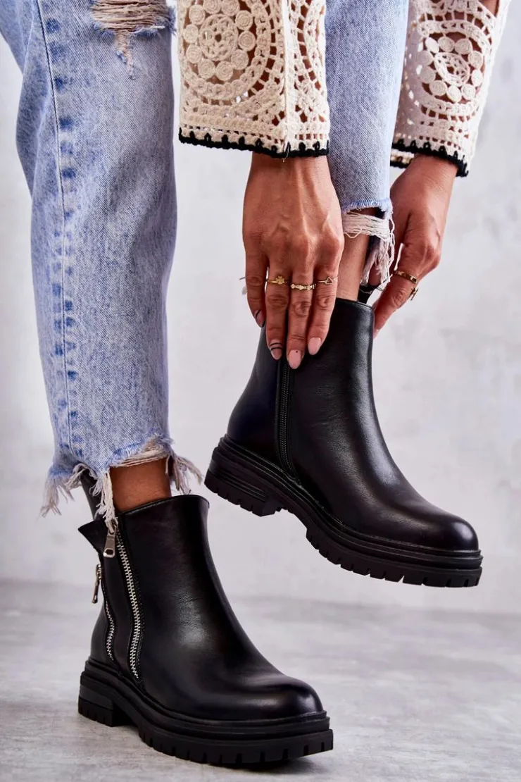 Boto Czarne Botki|Botki Zimowe Damskie*Damskie Skórzane Botki Na Suwak Czarne Navarra