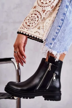 Boto Czarne Botki|Botki Zimowe Damskie*Damskie Skórzane Botki Na Suwak Czarne Navarra