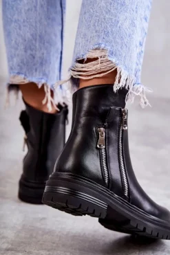 Boto Czarne Botki|Botki Zimowe Damskie*Damskie Skórzane Botki Na Suwak Czarne Navarra