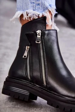 Boto Czarne Botki|Botki Zimowe Damskie*Damskie Skórzane Botki Na Suwak Czarne Navarra