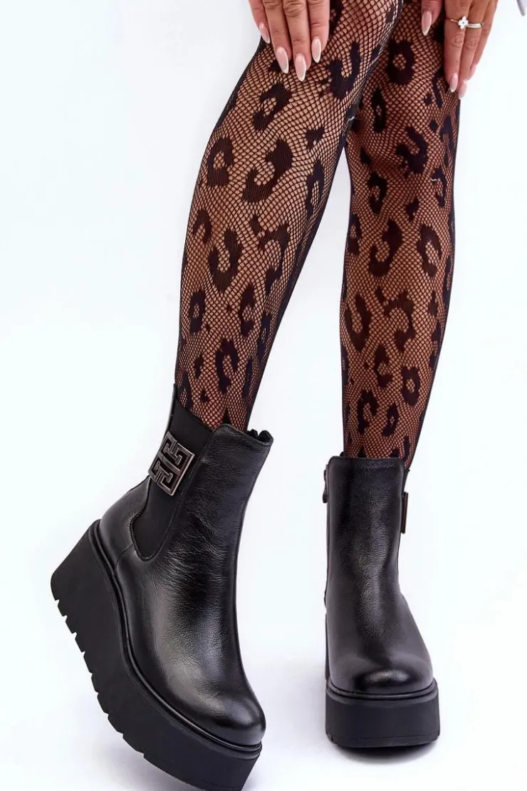 Hot Boto Damskie Skórzane Botki Na Masywnej Platformie Czarne Lemar Savira