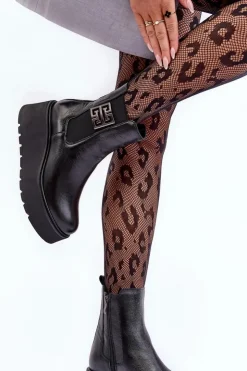 Hot Boto Damskie Skórzane Botki Na Masywnej Platformie Czarne Lemar Savira