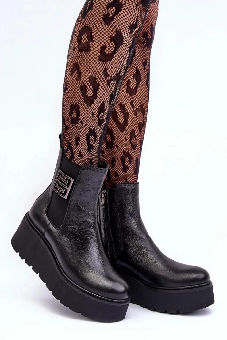 Hot Boto Damskie Skórzane Botki Na Masywnej Platformie Czarne Lemar Savira