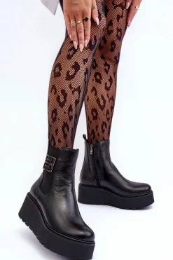 Hot Boto Damskie Skórzane Botki Na Masywnej Platformie Czarne Lemar Savira