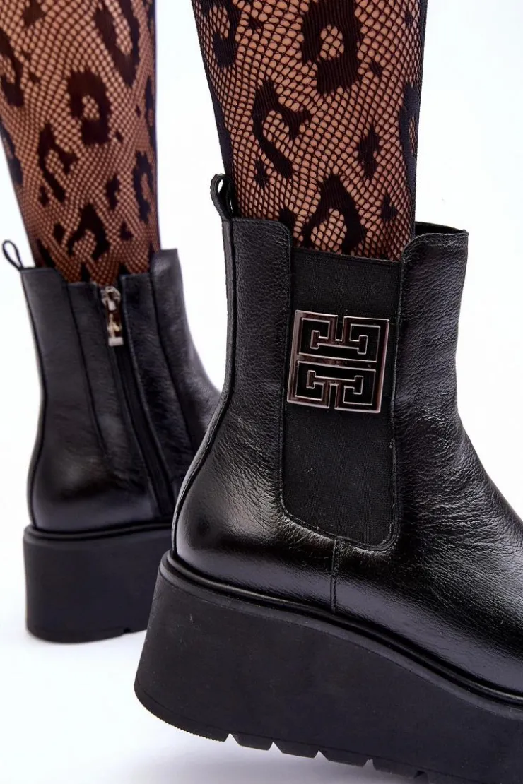 Hot Boto Damskie Skórzane Botki Na Masywnej Platformie Czarne Lemar Savira