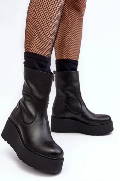 Maciejka Botki Maciejka|Botki Na Koturnie*Damskie Skórzane Botki Na Masywnej Platformie 06246-01 Czarne