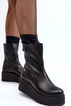 Maciejka Botki Maciejka|Botki Na Koturnie*Damskie Skórzane Botki Na Masywnej Platformie 06246-01 Czarne