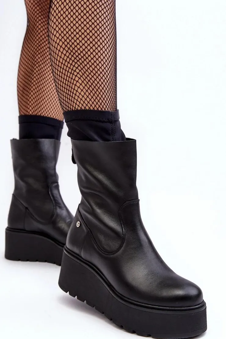 Maciejka Botki Maciejka|Botki Na Koturnie*Damskie Skórzane Botki Na Masywnej Platformie 06246-01 Czarne