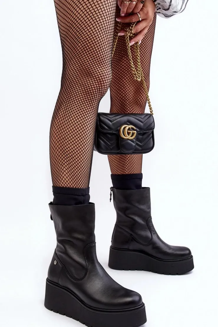 Maciejka Botki Maciejka|Botki Na Koturnie*Damskie Skórzane Botki Na Masywnej Platformie 06246-01 Czarne