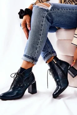 Damskie Boto Damskie Skórzane Botki Na Słupku Zielone Neliko