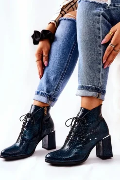 Damskie Boto Damskie Skórzane Botki Na Słupku Zielone Neliko