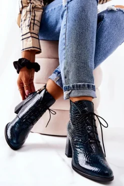 Damskie Boto Damskie Skórzane Botki Na Słupku Zielone Neliko