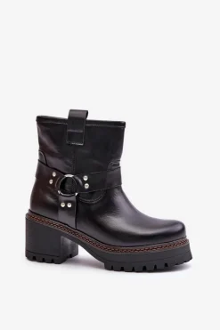 Outlet Boto Damskie Skórzane Botki Na Zamek Lewski 3435 Czarne Czarny