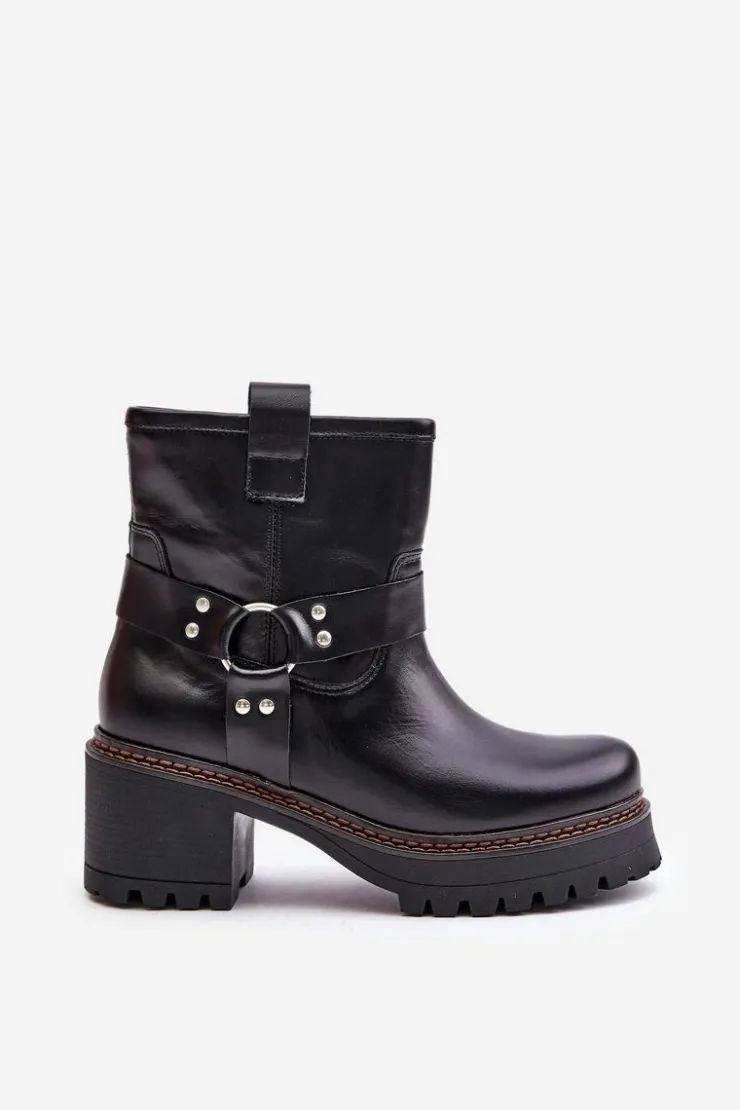 Outlet Boto Damskie Skórzane Botki Na Zamek Lewski 3435 Czarne Czarny