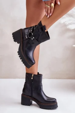 Outlet Boto Damskie Skórzane Botki Na Zamek Lewski 3435 Czarne Czarny