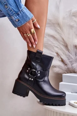 Outlet Boto Damskie Skórzane Botki Na Zamek Lewski 3435 Czarne Czarny