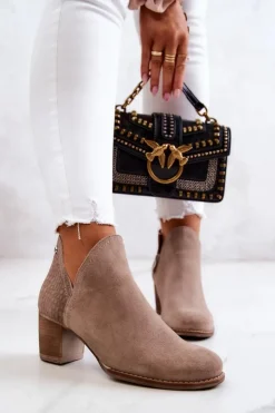 Clearance Boto Damskie Skórzane Botki Na Słupku Beżowe Larsa