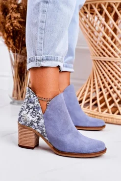 Best Maciejka Damskie Skórzane Botki Na Słupku Jasny Niebieski 04492