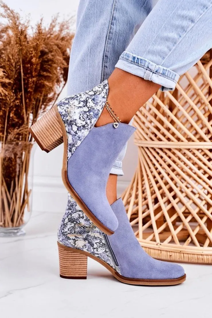 Best Maciejka Damskie Skórzane Botki Na Słupku Jasny Niebieski 04492