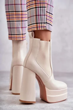 Online Boto Damskie Skórzane Botki Na Masywnym Obcasie Beżowe Jones