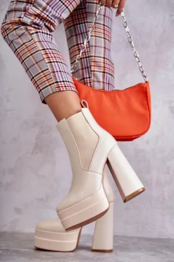 Online Boto Damskie Skórzane Botki Na Masywnym Obcasie Beżowe Jones