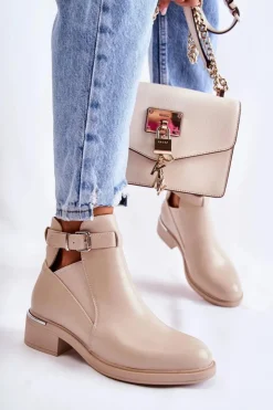 Damskie Boto Damskie Skórzane Botki Na Płaskim Obcasie Beżowe Marla