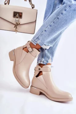 Damskie Boto Damskie Skórzane Botki Na Płaskim Obcasie Beżowe Marla