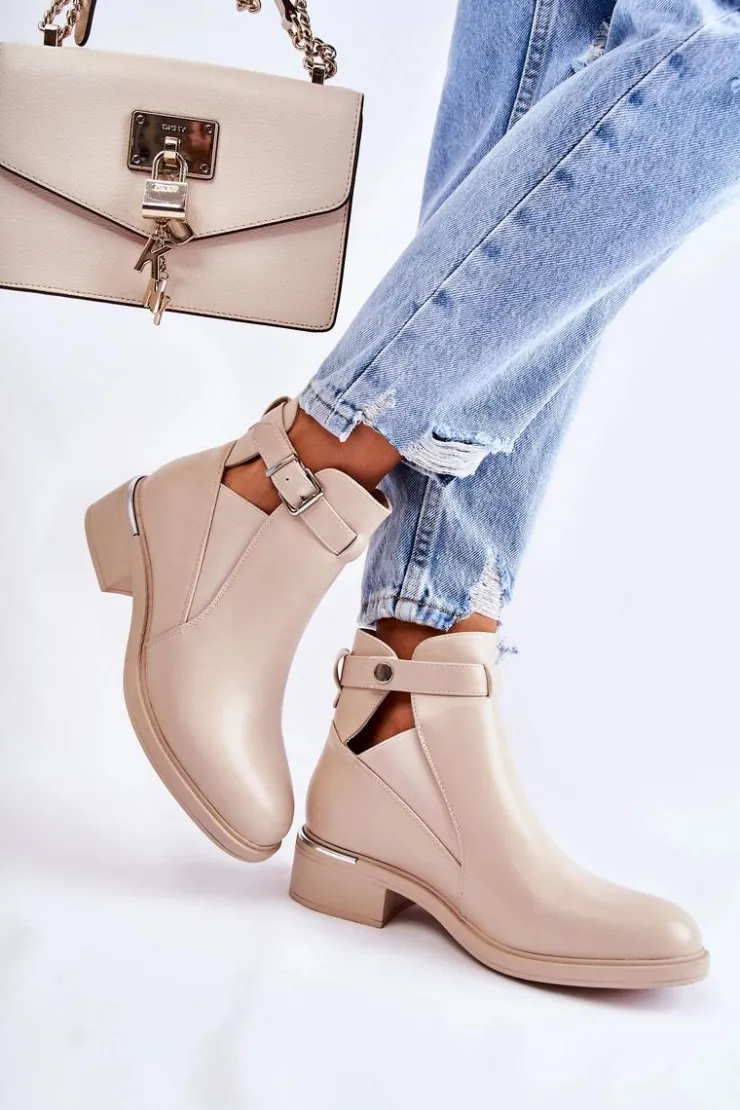 Damskie Boto Damskie Skórzane Botki Na Płaskim Obcasie Beżowe Marla