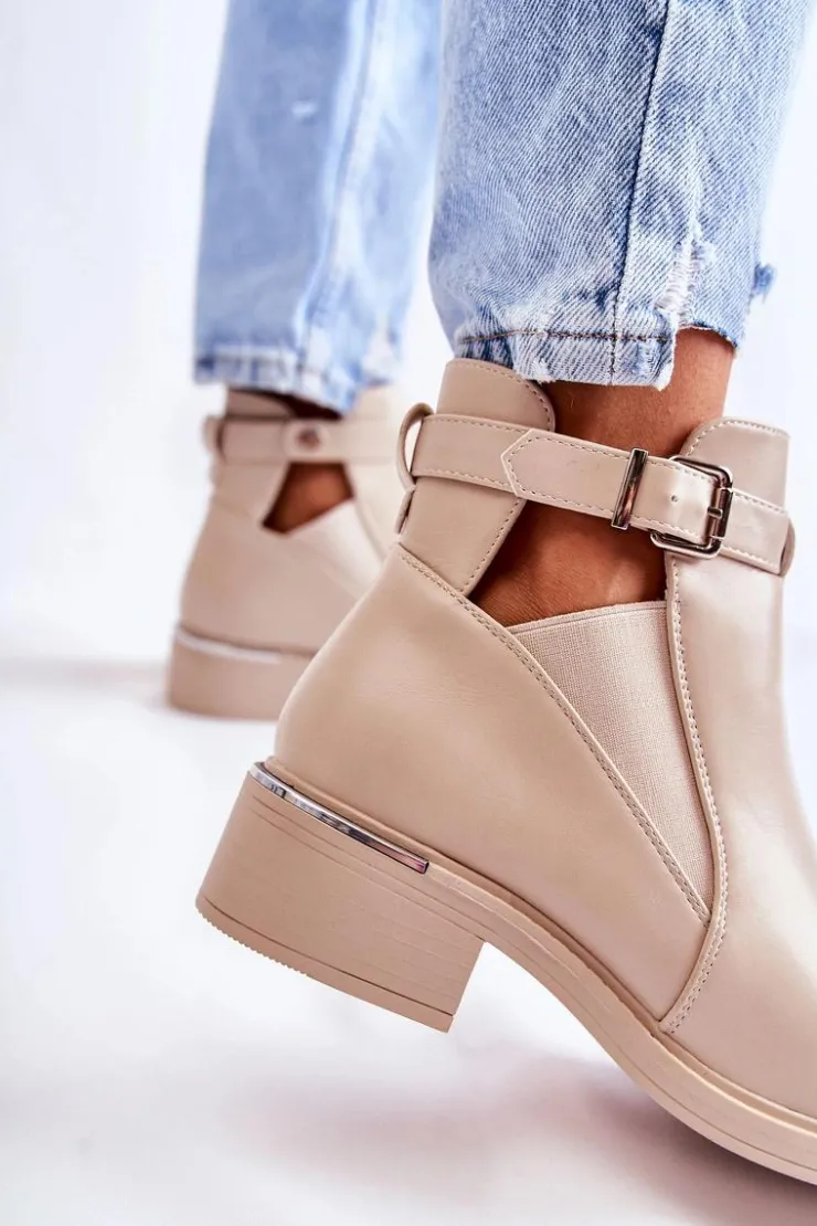 Damskie Boto Damskie Skórzane Botki Na Płaskim Obcasie Beżowe Marla