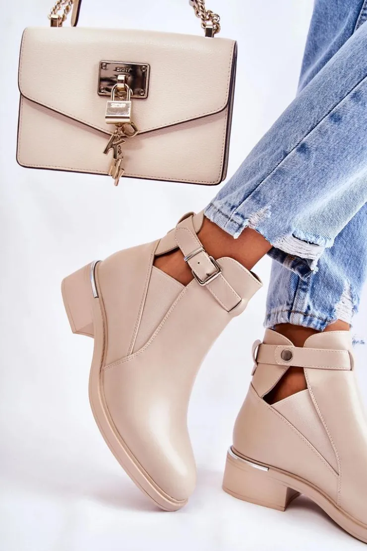 Damskie Boto Damskie Skórzane Botki Na Płaskim Obcasie Beżowe Marla