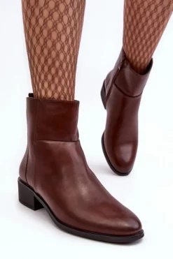 Outlet Buty Sergio Leone Damskie Skórzane Botki Na Suwak Brązowe Semotti