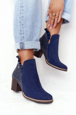 Maciejka Botki Wiosenne|Botki Maciejka*Damskie Skórzane Botki Na Słupku Granatowe 04833-17