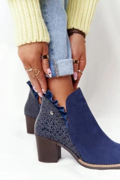 Maciejka Botki Wiosenne|Botki Maciejka*Damskie Skórzane Botki Na Słupku Granatowe 04833-17