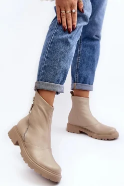 New Laura Messi Damskie Skórzane Botki Na Płaskim Obcasie 2620/199 Jasnobeżowe