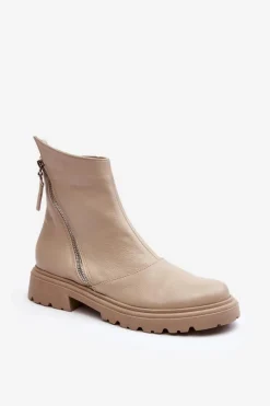 New Laura Messi Damskie Skórzane Botki Na Płaskim Obcasie 2620/199 Jasnobeżowe