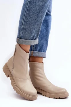 New Laura Messi Damskie Skórzane Botki Na Płaskim Obcasie 2620/199 Jasnobeżowe