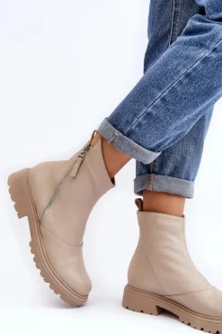 New Laura Messi Damskie Skórzane Botki Na Płaskim Obcasie 2620/199 Jasnobeżowe