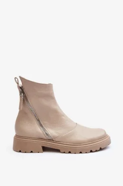 New Laura Messi Damskie Skórzane Botki Na Płaskim Obcasie 2620/199 Jasnobeżowe