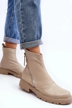 New Laura Messi Damskie Skórzane Botki Na Płaskim Obcasie 2620/199 Jasnobeżowe