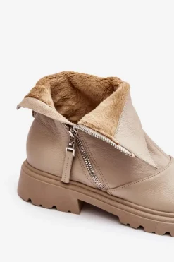 New Laura Messi Damskie Skórzane Botki Na Płaskim Obcasie 2620/199 Jasnobeżowe