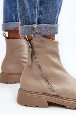 New Laura Messi Damskie Skórzane Botki Na Płaskim Obcasie 2620/199 Jasnobeżowe