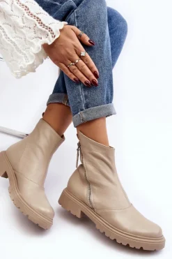 New Laura Messi Damskie Skórzane Botki Na Płaskim Obcasie 2620/199 Jasnobeżowe