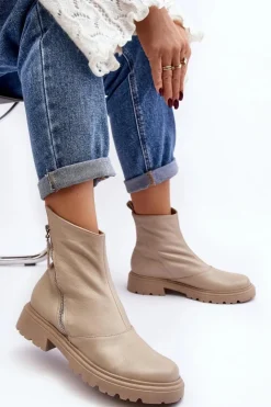 New Laura Messi Damskie Skórzane Botki Na Płaskim Obcasie 2620/199 Jasnobeżowe