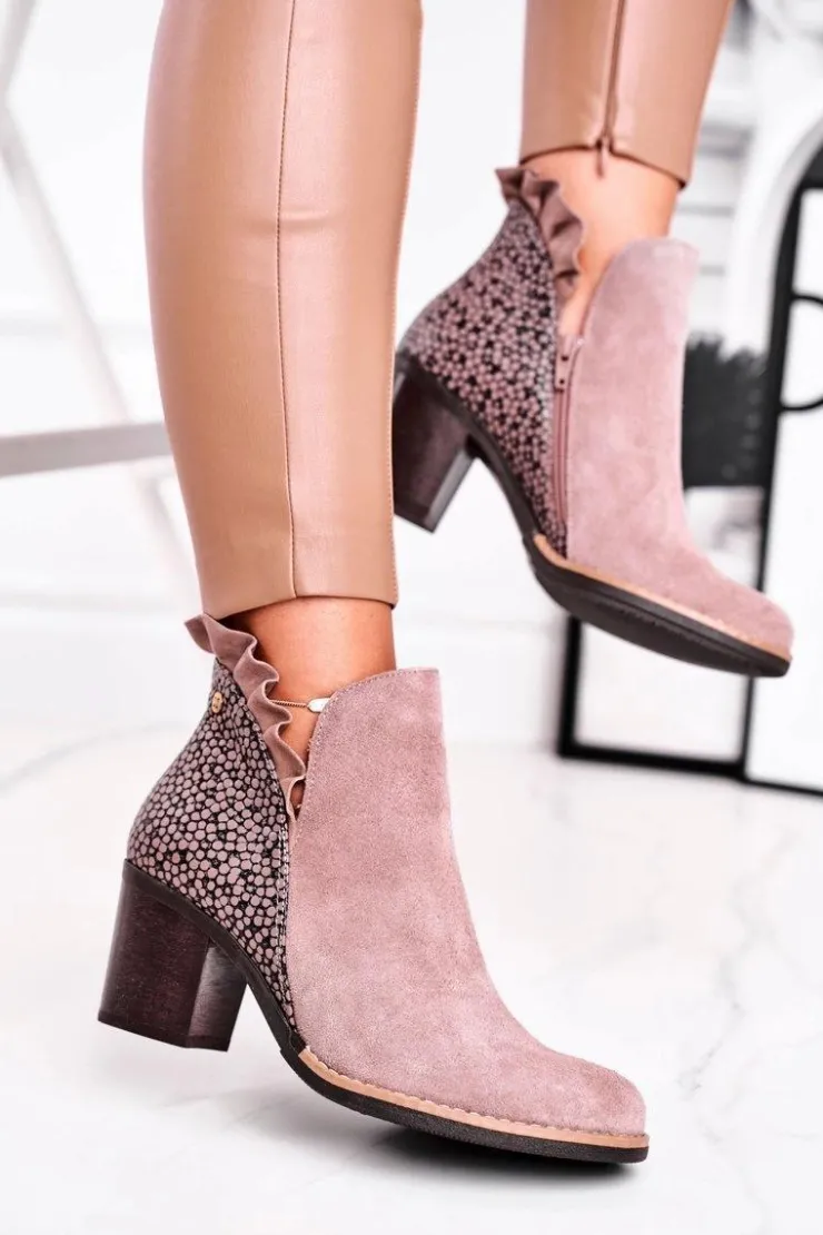 Damskie Maciejka Damskie Skórzane Botki Na Słupku Beżowe 04833-04