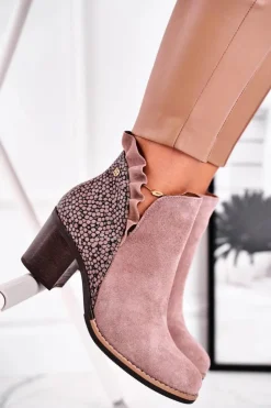 Damskie Maciejka Damskie Skórzane Botki Na Słupku Beżowe 04833-04