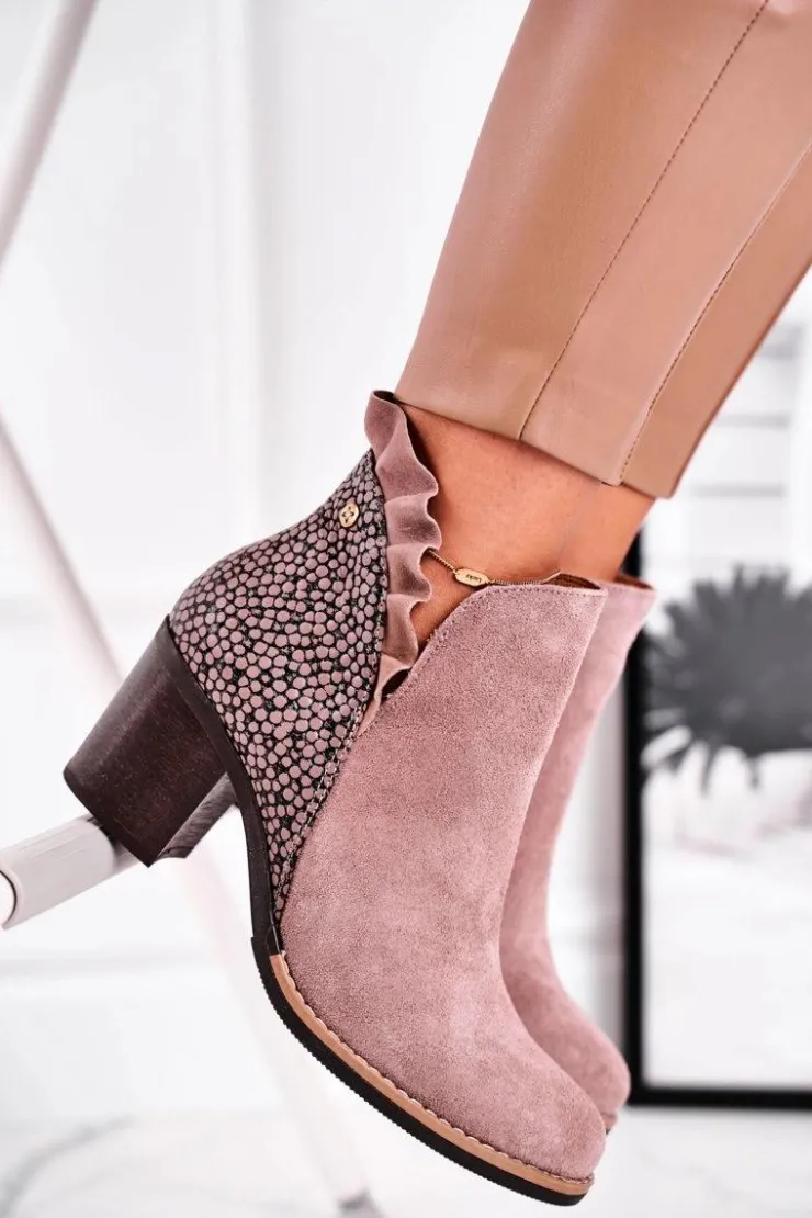 Damskie Maciejka Damskie Skórzane Botki Na Słupku Beżowe 04833-04