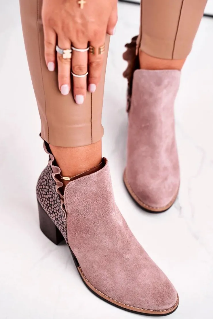 Damskie Maciejka Damskie Skórzane Botki Na Słupku Beżowe 04833-04