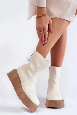 Zazoo Botki Na Koturnie|Botki Zimowe Damskie*Damskie Skórzane Botki Na Platformie Jasnobeżowe Jenefer